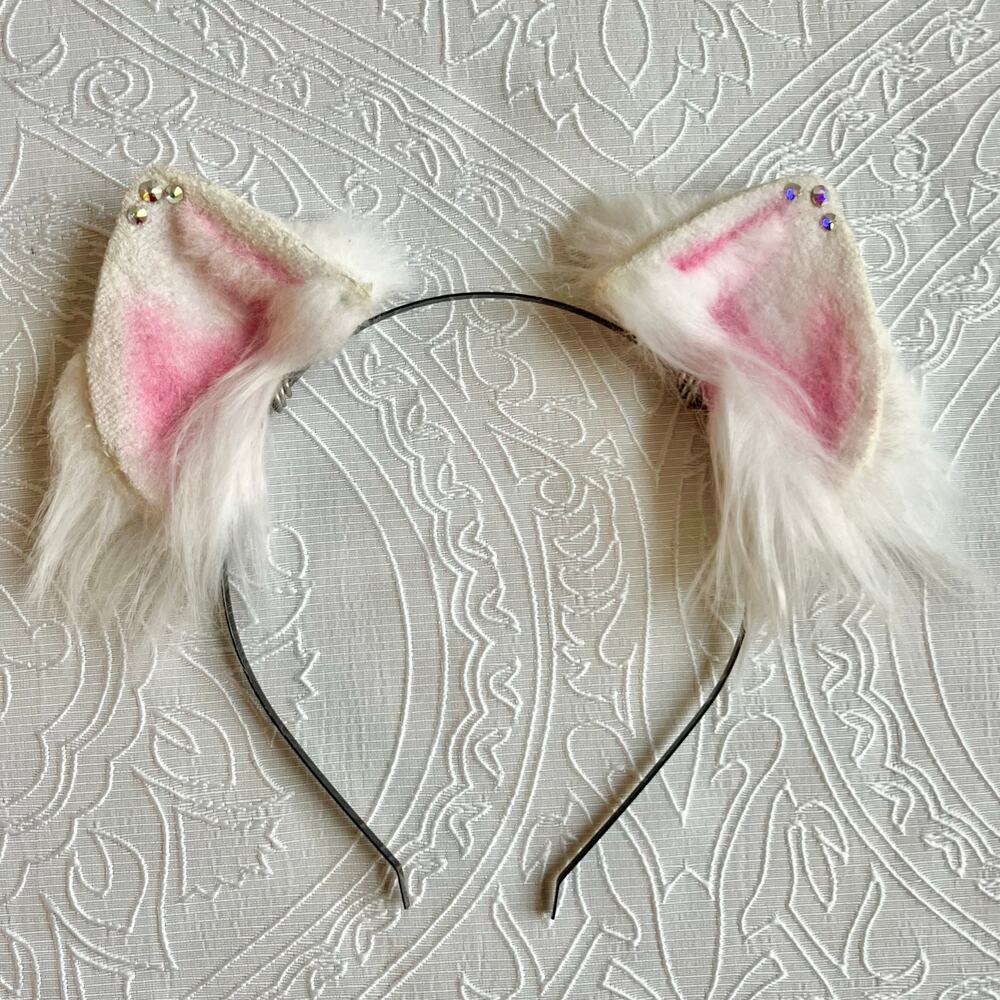White and Pink Realistic Cat Kitten Ears Headband Nekomimi
